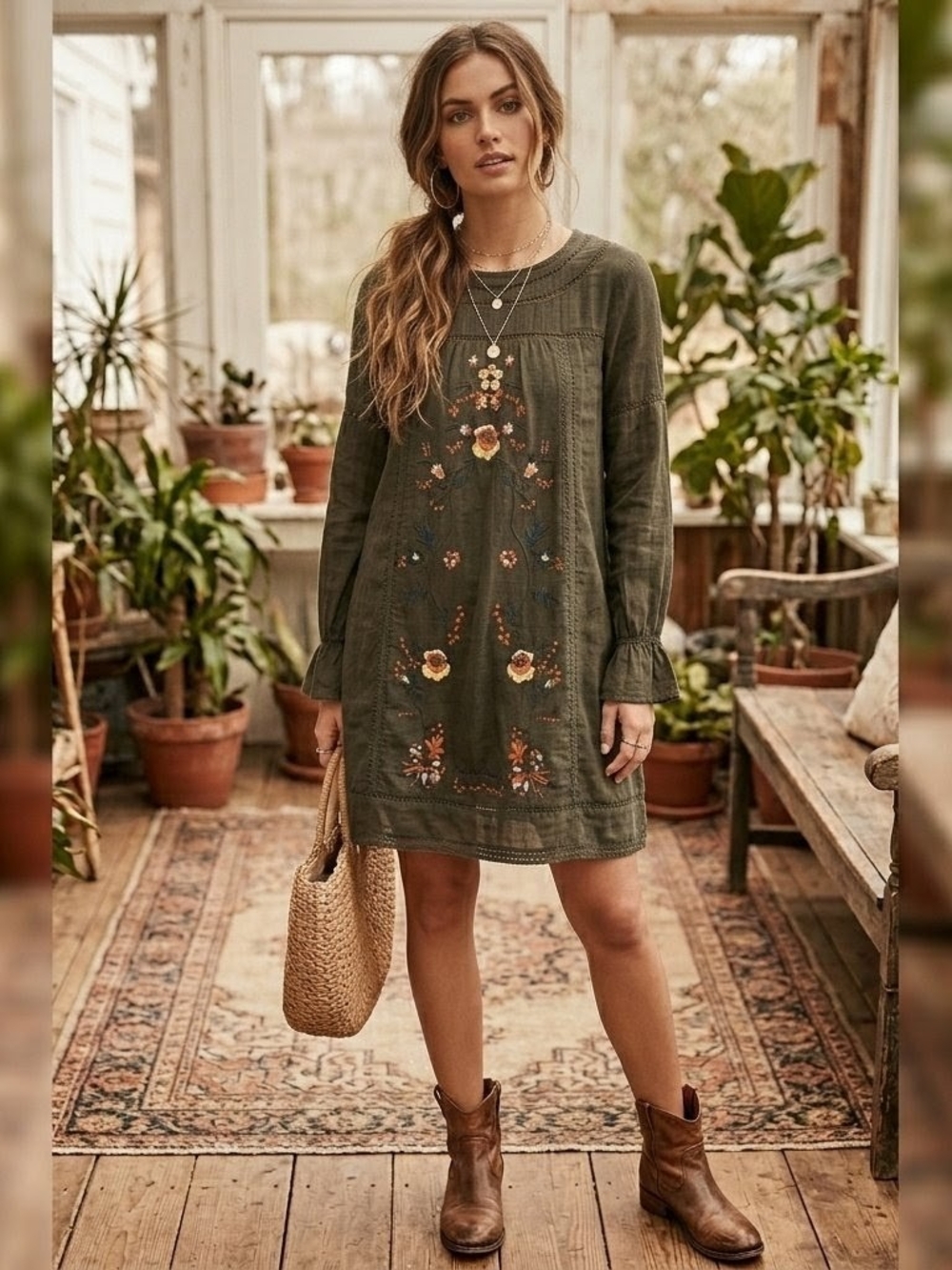Umgee Olive Green Boho Embroidered Mini Dress / Tunic – Size Medium